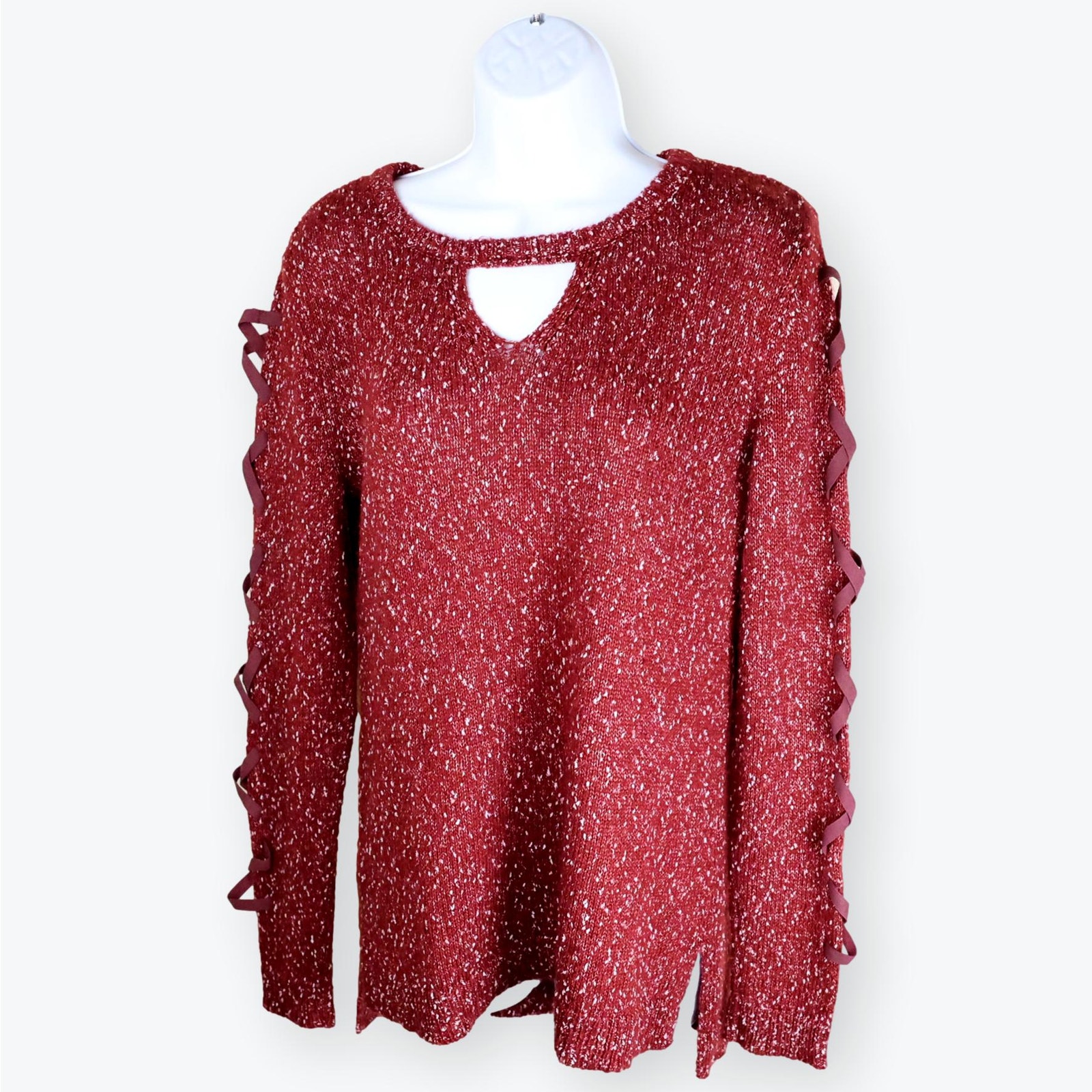 Rock & Republic Rust Red Lace-Up Sleeve Keyhole Tunic Sweater M
